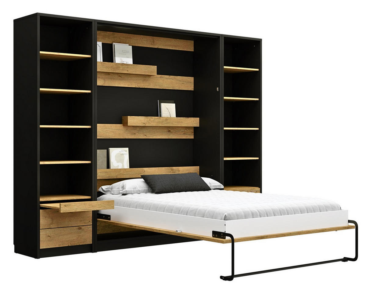 SCHRANKBETT vertikal GN120x200 mit Schreibtisch, LED und 2 Regalen - 3-teilig - Eiche Lancelot & Schwarz - Schwarz/Braun, Holzwerkstoff/Metall (120/200cm) - QMM TraumMöbel