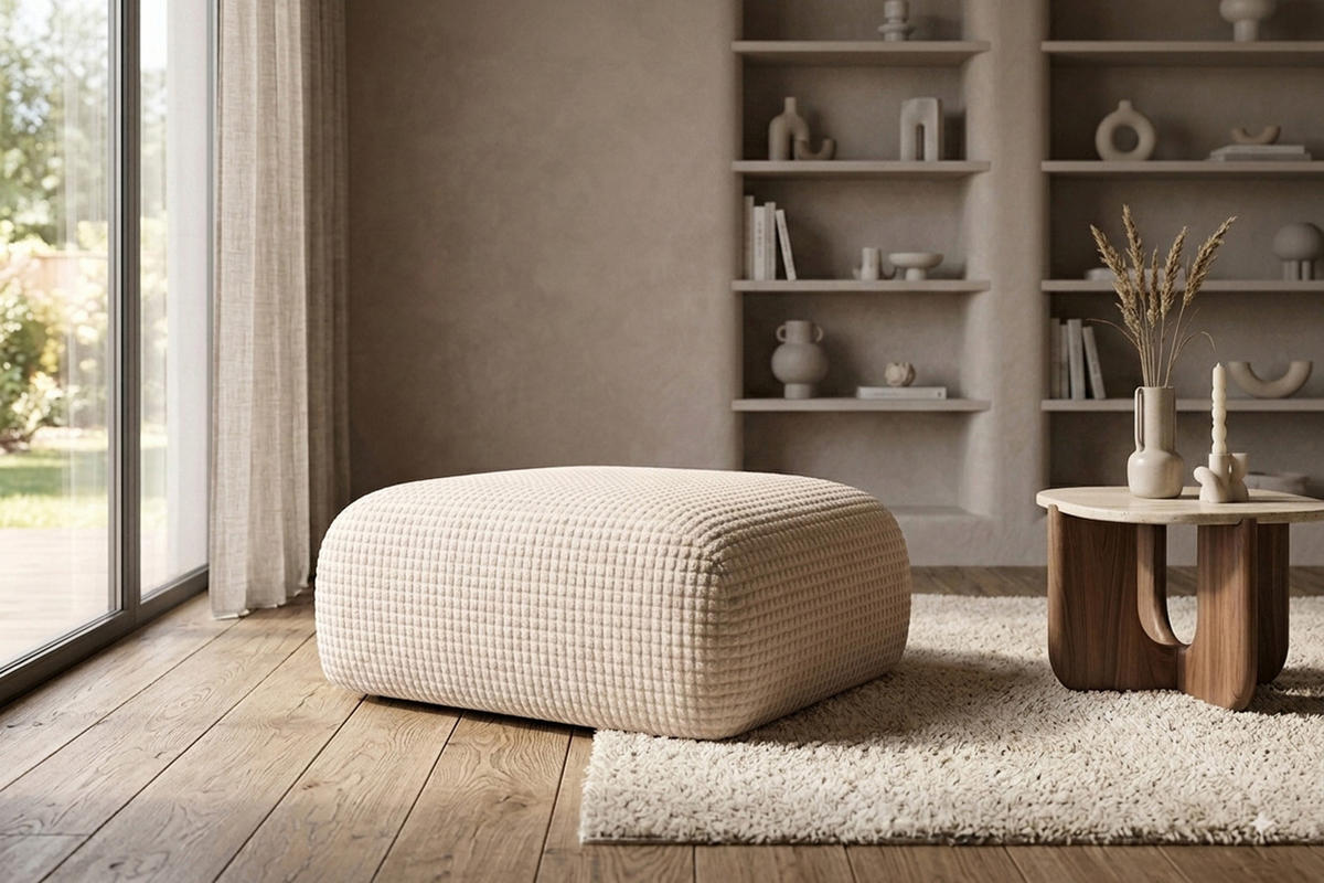 HOCKER, Sitzhocker, Chenille-Stoff Cremona, Creme, GRETA - Creme, Holz (91/40/89cm) - Kaiser Möbel