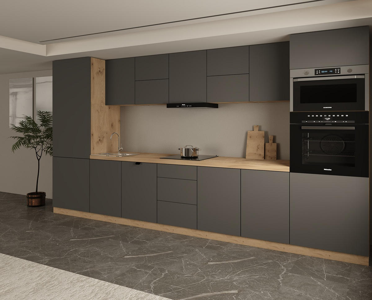 KÜCHENZEILE 420 cm - Langen KL12-M420 - in Grau/ Matt - Grau, Holz (420/212/58cm)