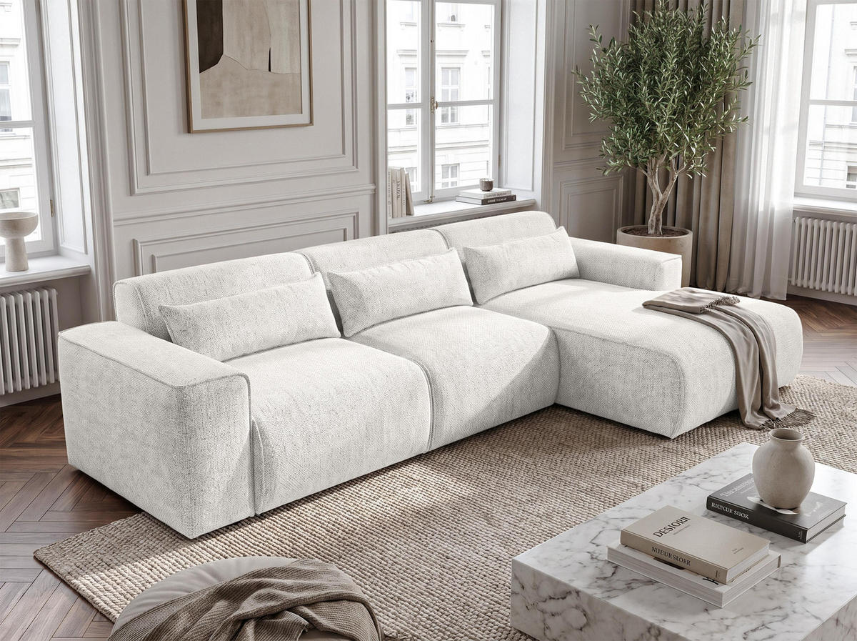 ECKSOFA L Form Ruyam Perlweiß 310/165/78 cm – Schlaffunktion Rechts - Schwarz/Weiß, Kunststoff/Textil (310/170cm) - AX Living