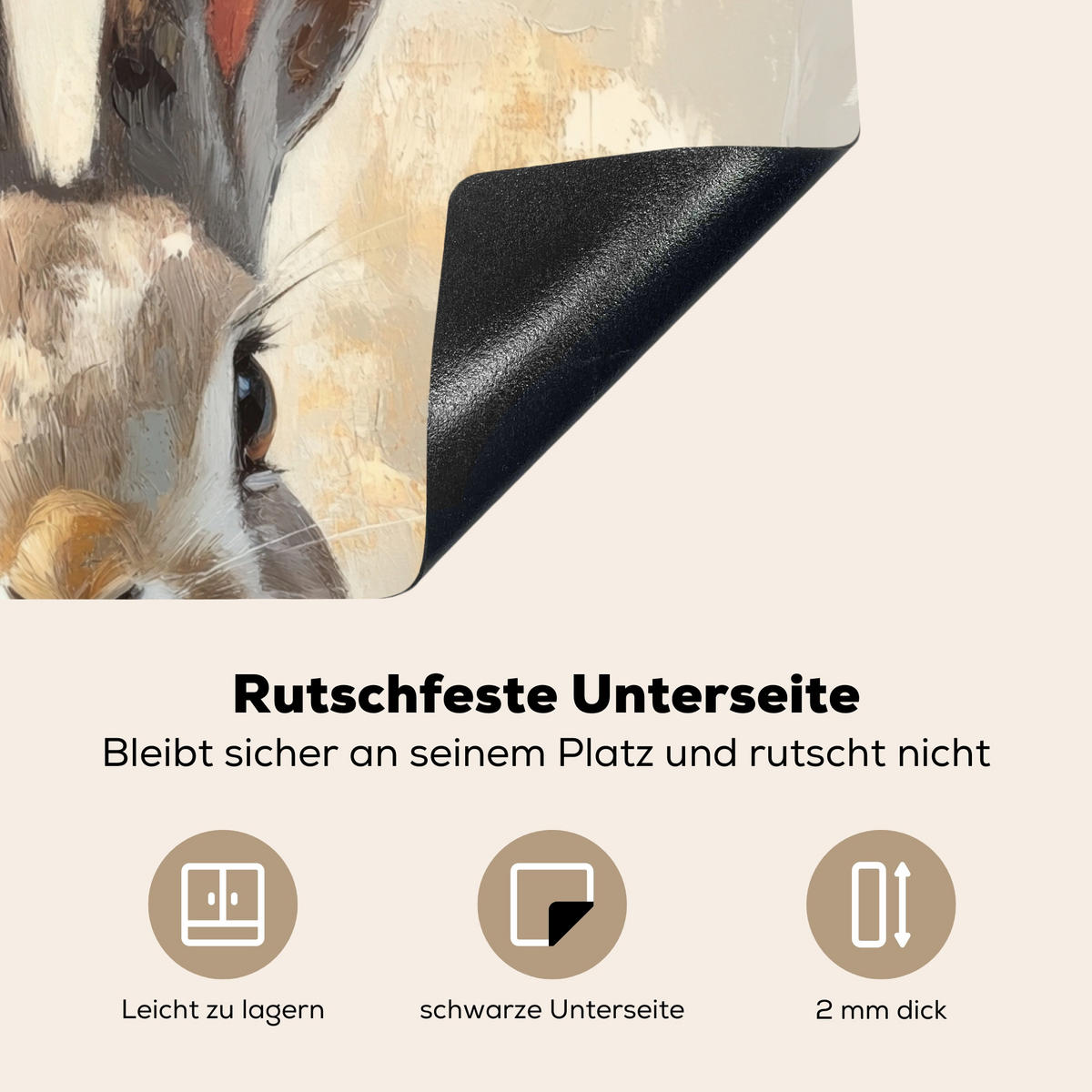 HERDABDECKPLATTE Hase - Ohren - Braun Herdabdeckung Induktionsfeld 60x52 cm - Beige, Kunststoff (60/52/0.2cm) - MuchoWow