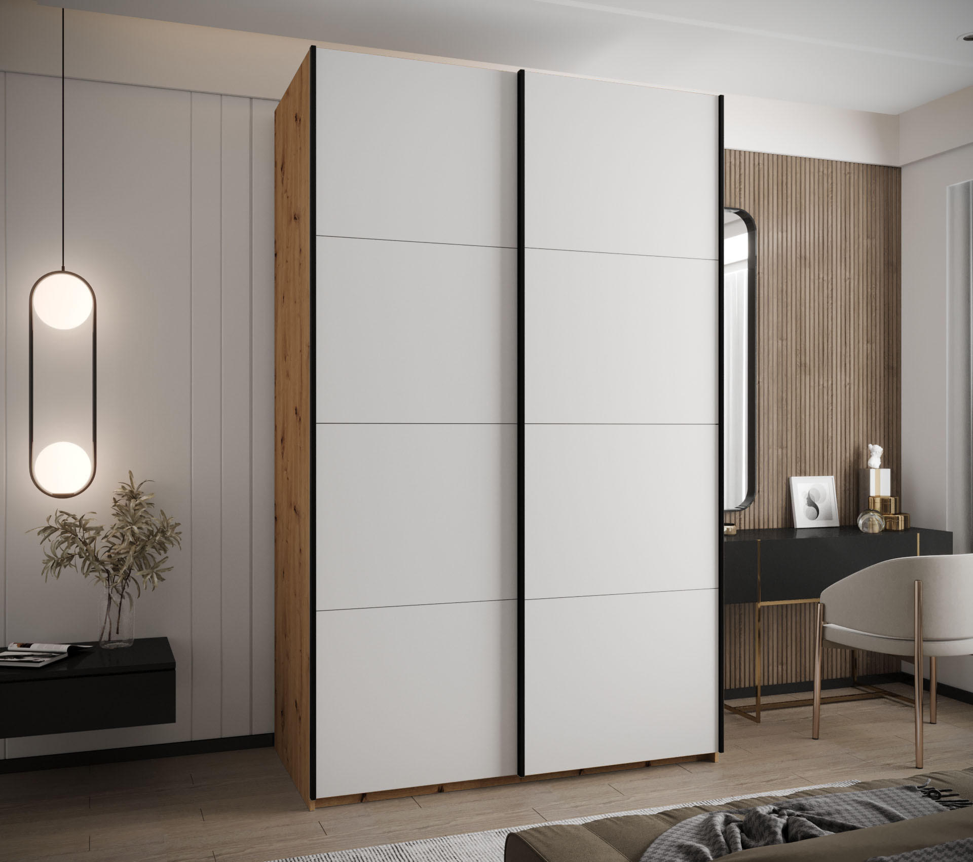 SCHWEBETÜRENSCHRANK 245,5/160/64 2-türig - Schwarz/Weiß, Holz/Metall (160/245/64cm) - Abiks Möbel