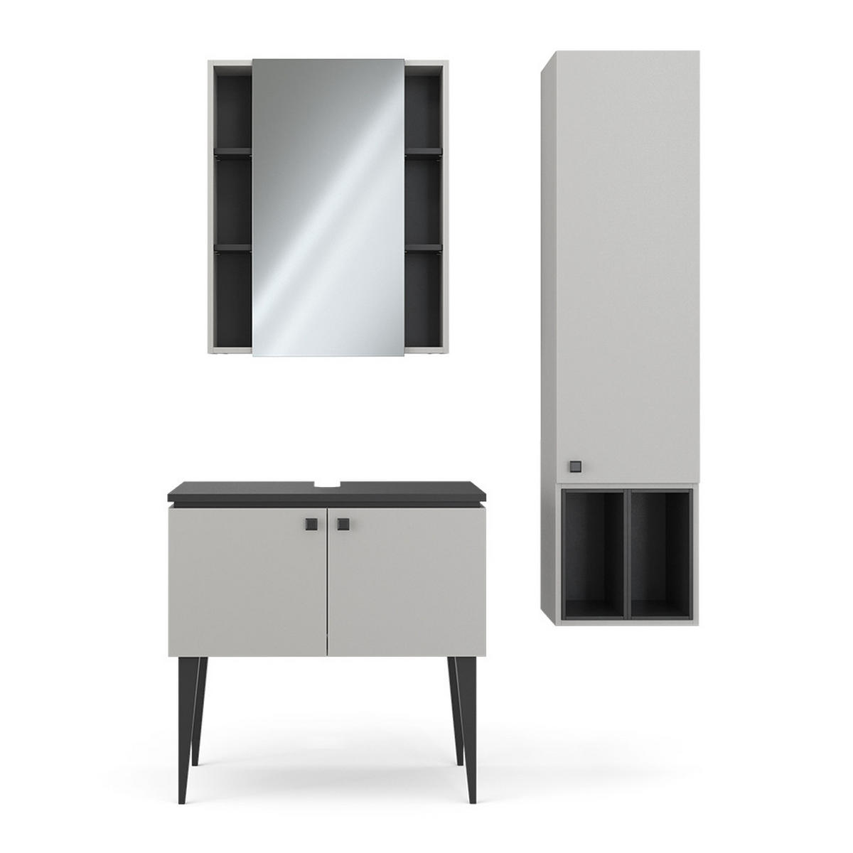 BADMÖBEL-SET Gerta Grau 3 Teile, Hängeschrank 1 Tür - Schwarz/Grau, Holzwerkstoff (80/79/50cm) - Vicco