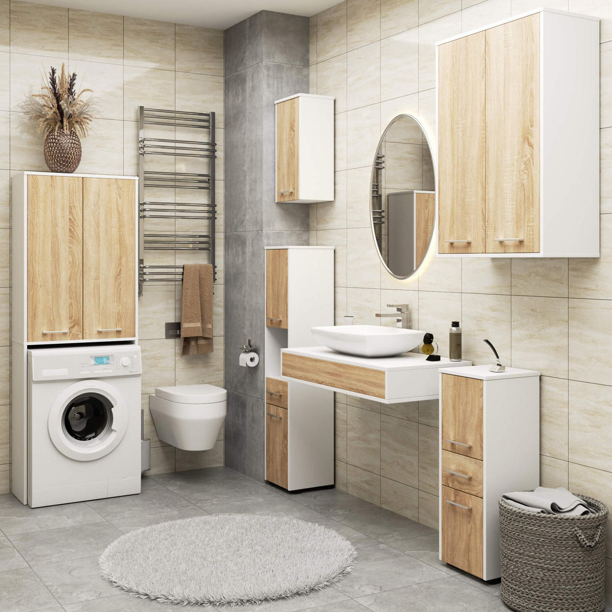 WASCHMASCHINENUMBAUSCHRANK Weiß, Eiche Sonoma 180/64/30 - Weiß/Sonoma Eiche, Holzwerkstoff (64/180/30cm) - RAUMHIRSCH FURNITURE