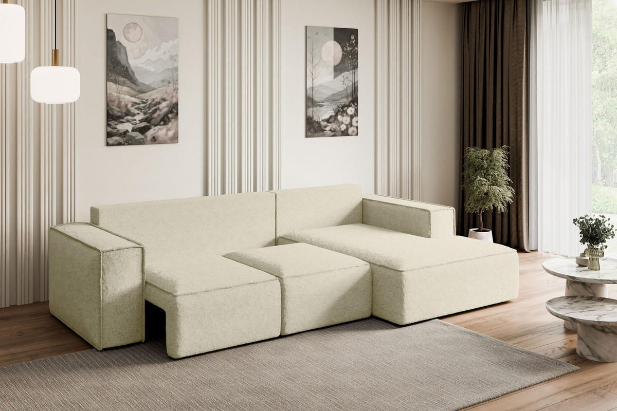 ECKSOFA mit Schlaffunktion und Bettkasten SERRA-L-S - 266x161x87 cm Beige Bouclé - Beige/Schwarz, Holzwerkstoff/Kunststoff (266/161cm) - ALTDECOR