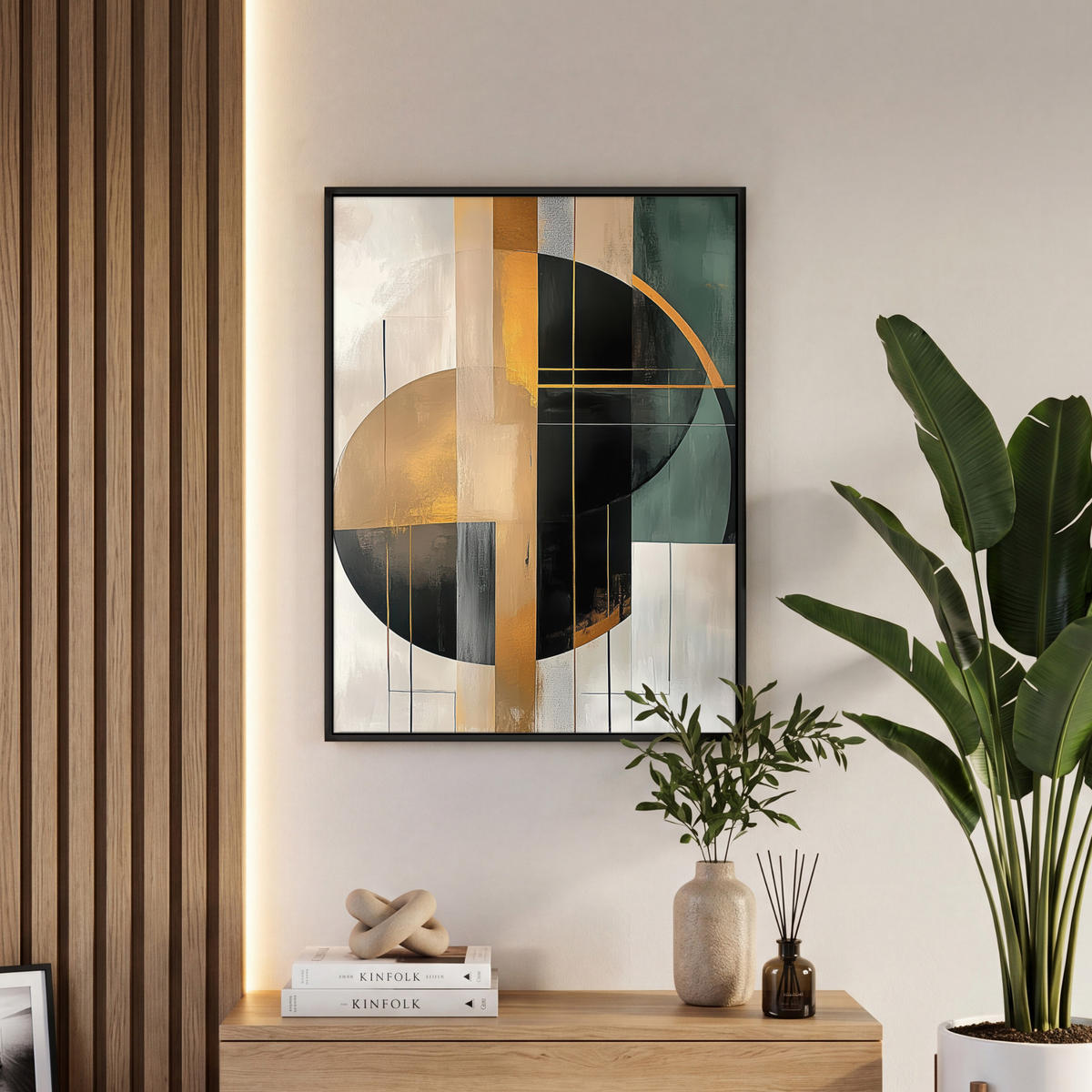 LEINWAND Bilder mit Rahmen - Abstrakt - Gold - Bronze - Grün - Formen - Modern - 50x70 - Multicolor, Textil (50/70cm) - MuchoWow