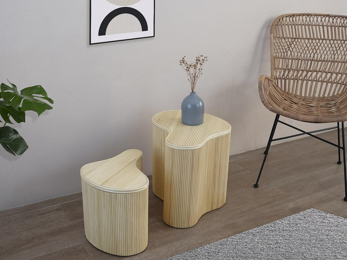 BEISTELLTISCHE organisch 2er-Set mit Stauraum - Rattan - 52 x 40 x 45 cm & 43,5 x 30 x 33,5 cm - Holzfarben hell - MARSA - Naturfarben, Holzwerkstoff (40/52/45cm) - Vente-Unique