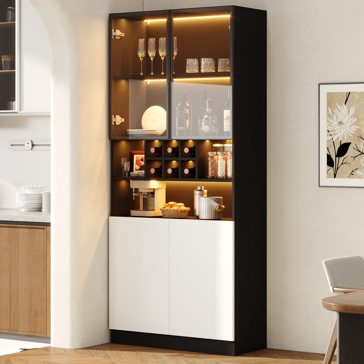 VITRINE 80x30x180 cm mit LED und 2 Glastüren - Schwarz, Holzwerkstoff (80/180/30cm) - FLIEKS