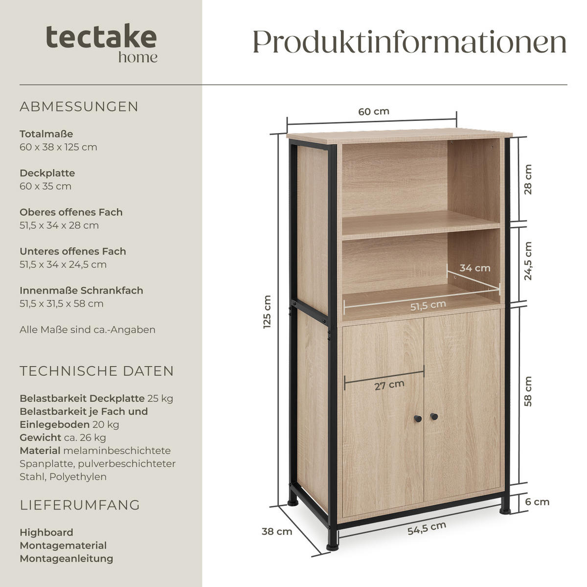 HIGHBOARD Doncaster,mit höhenverstellbaren Füßen, 60 x 38 x 125 cm,Industrial Holz hell, Eiche Sonoma - Naturfarben, Holzwerkstoff (38/125/60cm) - tectake