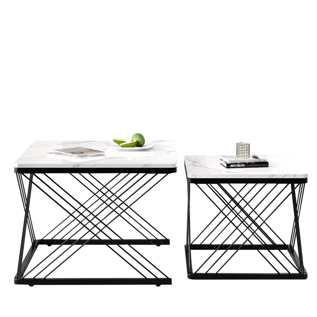 COUCHTISCH Set 2-tlg Quadratisch Hochglanz Marmoroptik Höhenverstellbar 30kg - Weiß, Holz (81.99/70/17.5cm) - FLIEKS