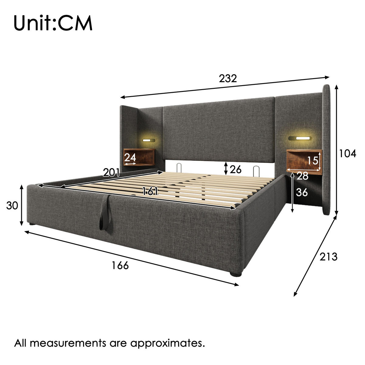 ČALÚNENÁ posteľ 160/200 cm sivá, ľan, s úložným priestorom, lampou a USB-C - sivá, textil (160/200cm) - BEAOK
