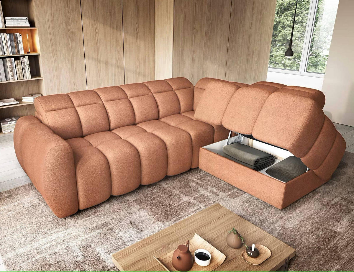 ECKSOFA mit elektrischem Sitzvorschub, Bettkasten und verstellbare Kopflehnen - Kupferfarben, Naturmaterialien/Textil (208/258cm) - Eltap