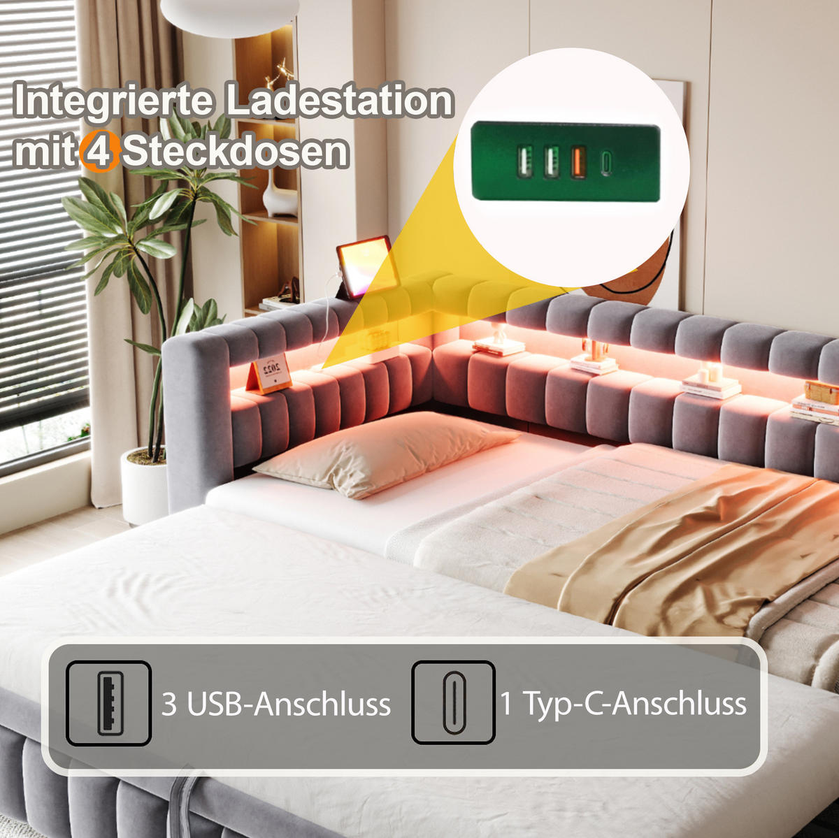 ČALOUNĚNÁ rozkládací postel 90/200 cm s LED osvětlením, USB a výsuvným lůžkem, Šedá - šedá, textil (90/200cm) - Redom