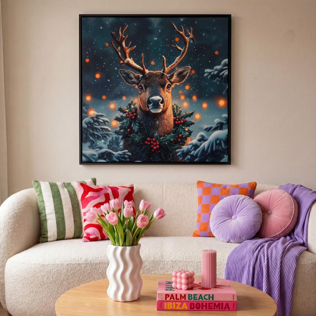 LEINWAND Bilder mit Rahmen - Hirsch - Weihnachten - Winter - Schnee - Weihnachtskranz - 90x90 - Dunkelbraun, Textil (90/90cm) - MuchoWow