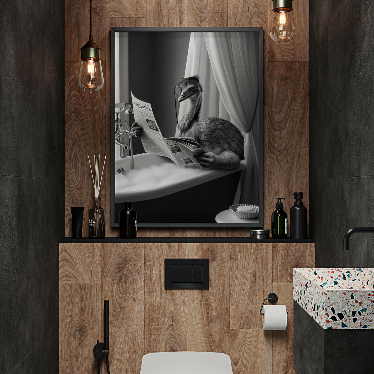 POSTER für Badezimmer WC Strauß in Badewanne Zeitung Abstraktion 20x30cm - Schwarz/Weiß, Papier (20/30/1cm) - Muralo