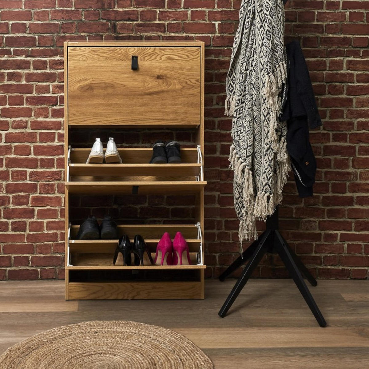 SCHUHSCHRANK mit 3 klappbaren Schubladen - L63cm - Eichefarben, Holzwerkstoff (24/117/63cm) - Calicosy