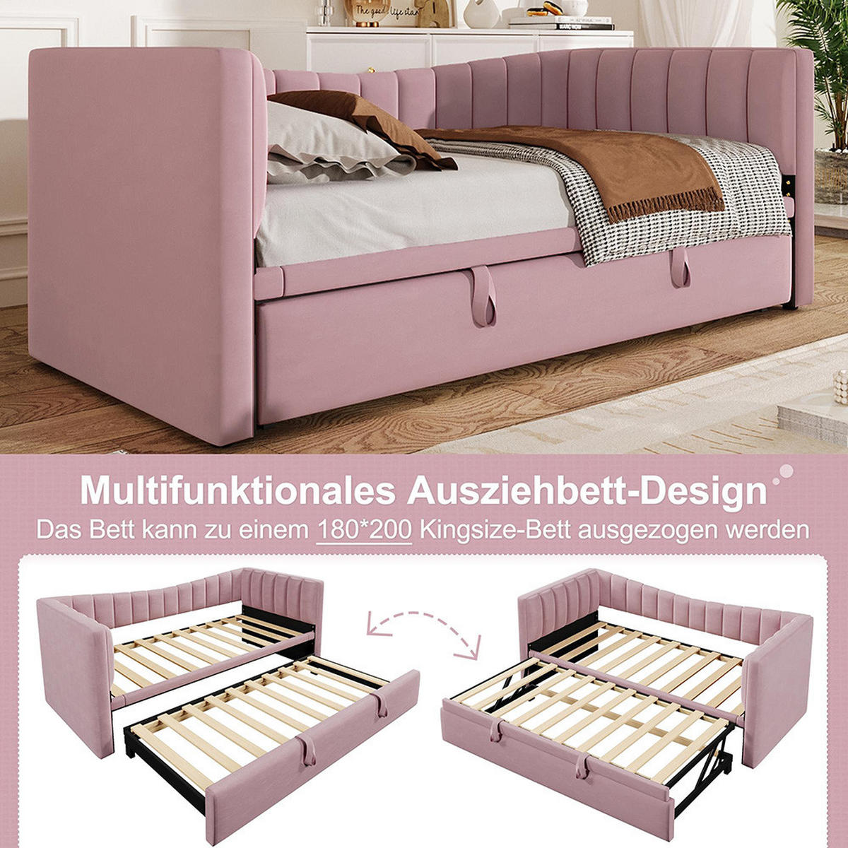 EINZELBETT 90 x 200cm mit Ziehbett(Ohne Matratze),Rosa - Pink, Holz/Textil (90/200cm) - KOMHTOM