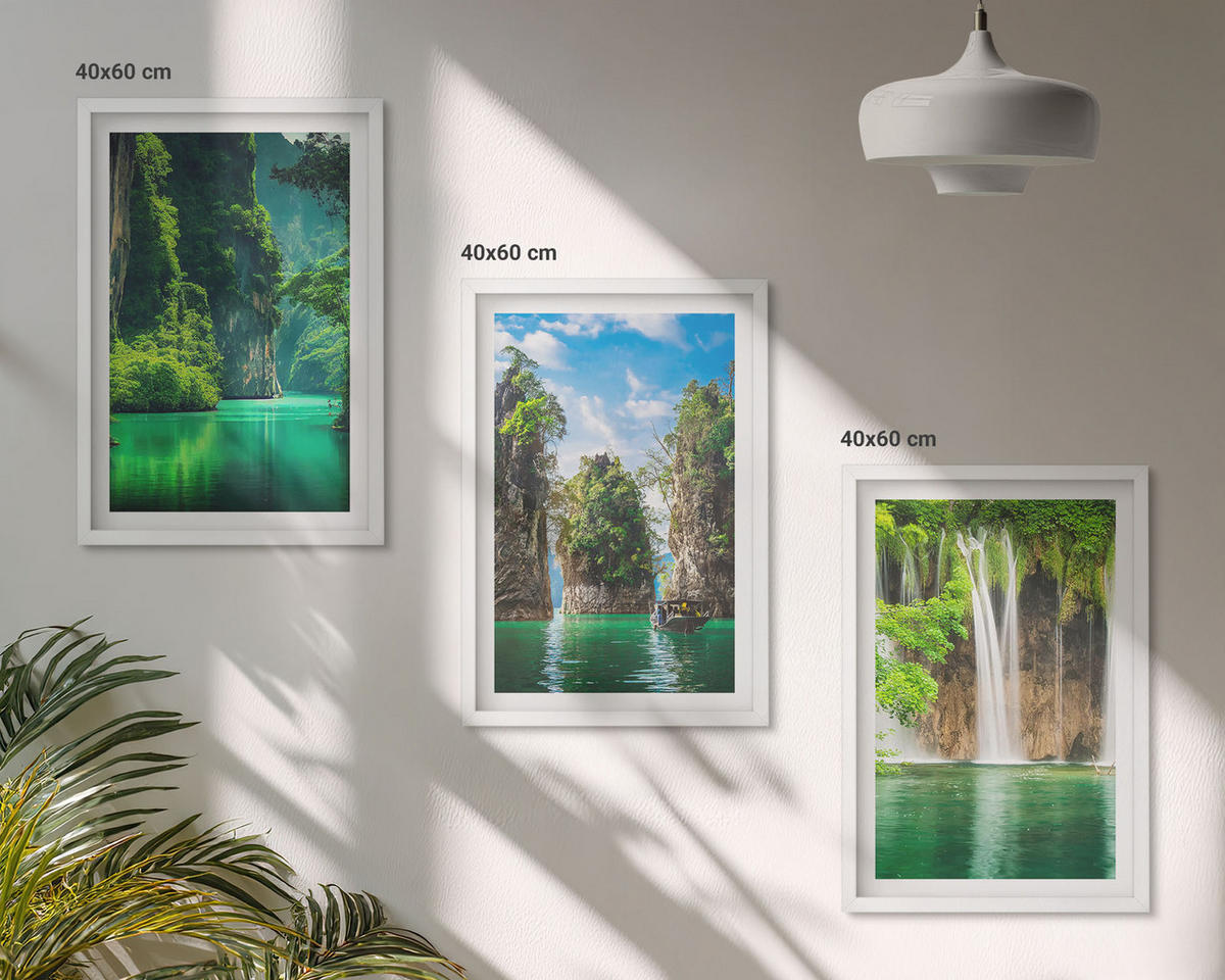 WANDBILDER 3er-Set - 40x60 cm Weißer Rahmen - Grüne Landschaften, Wasserfälle - Weiß, Kunststoff (40/60cm) - ArtPrintCave