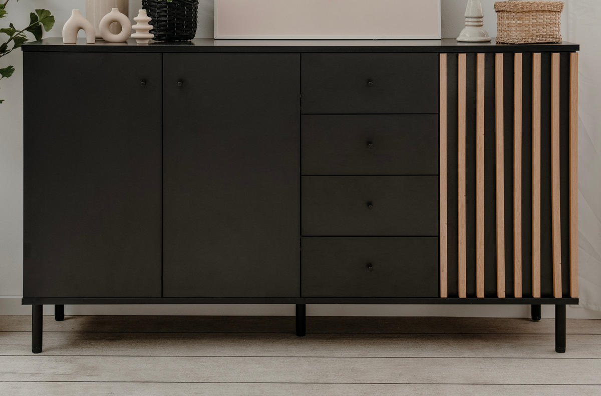 SIDEBOARD schwarz, Eiche Artisan 160 cm, Kommode mit viel Stauraum - Schwarz/Eiche Artisan, Holzwerkstoff/Metall (160/90/40cm) - Furn.Design
