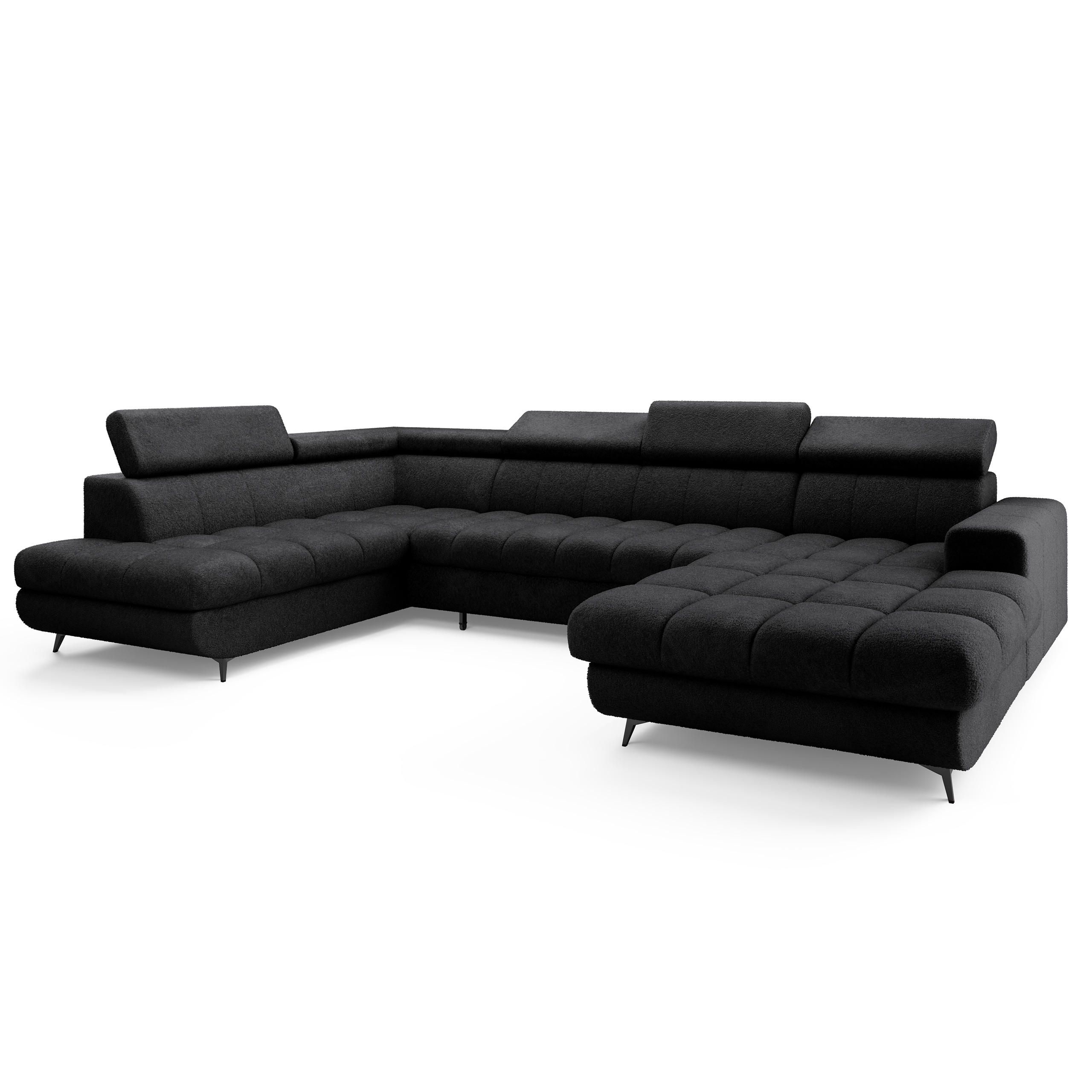 WOHNLANDSCHAFT CORENO Schwarz Boucle-Stoff mit Schlaffunktion - Schwarz, Holz (345/88/190cm) - MASSENO