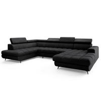 WOHNLANDSCHAFT CORENO Schwarz Boucle-Stoff mit Schlaffunktion - Schwarz, Holz (345/88/190cm) - MASSENO