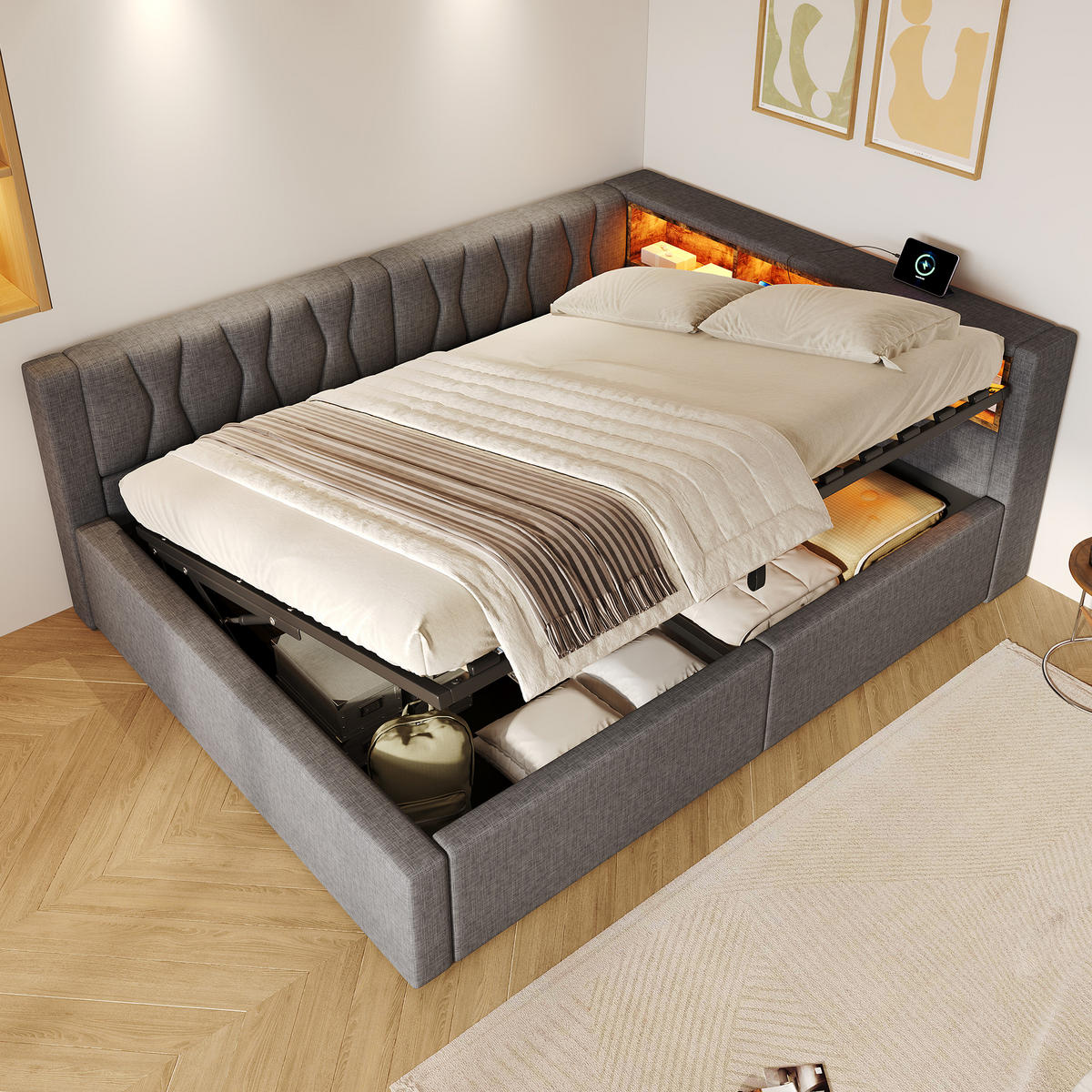 DENNÍ POSTEL 140x200cm Pohovka Úložná LED USB Šedá - šedá, přírodní materiály (140/200cm) - FLIEKS