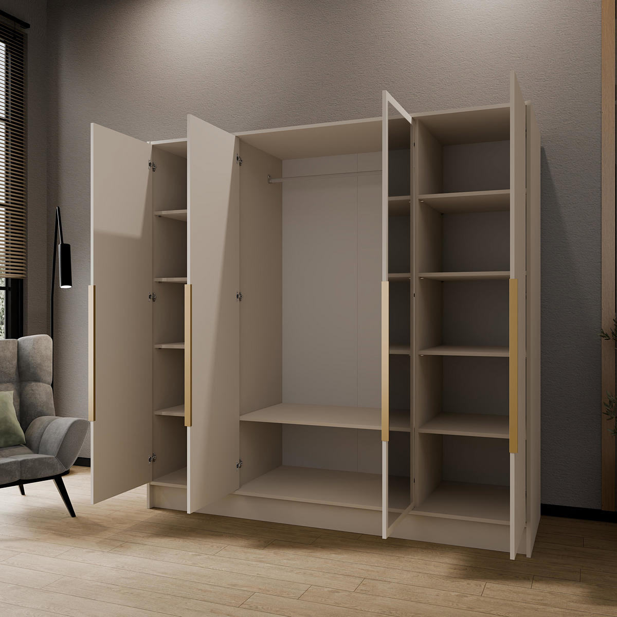 KLEIDERSCHRANK Mono Lux mit Speigel, Drehtüren mit Schwarze Metallgriffe, Kaschmir 200/200/51 cm - Kaschmir/Beige, Holzwerkstoff (200/200/51cm) - WFL GROUP