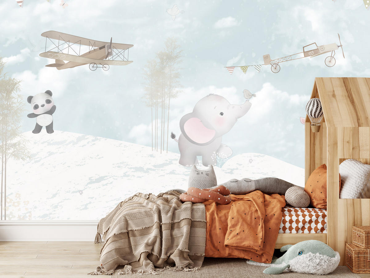 FOTOTAPETE für Kinderzimmer Boho Elefant Panda Giraffe Pflanze Flugzeug 500x350 - Multicolor, Papier (500/350cm) - Muralo