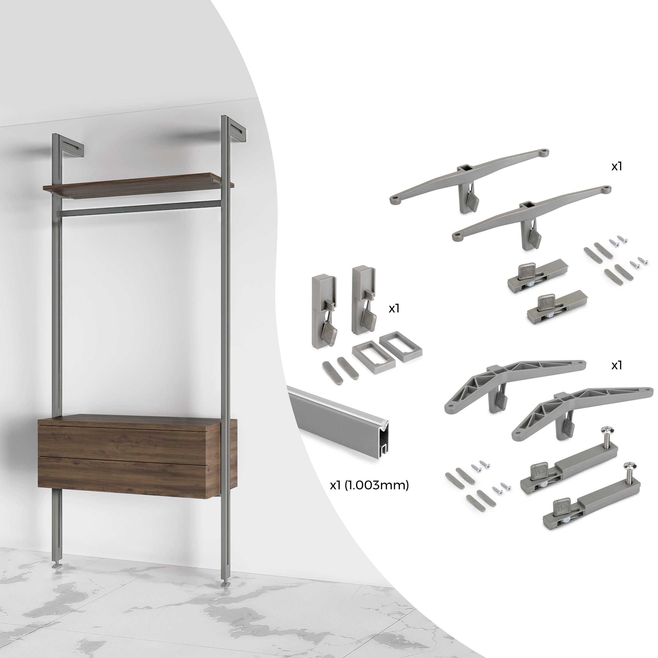 BRACKET SET für 1 Holzregal, 1 Modul und 1 Aufhängestange Länge 1m Zero, Zamak, Farbe Steingrau lackiert - Grau, Metall (4.1/12/20cm) - EMUCA