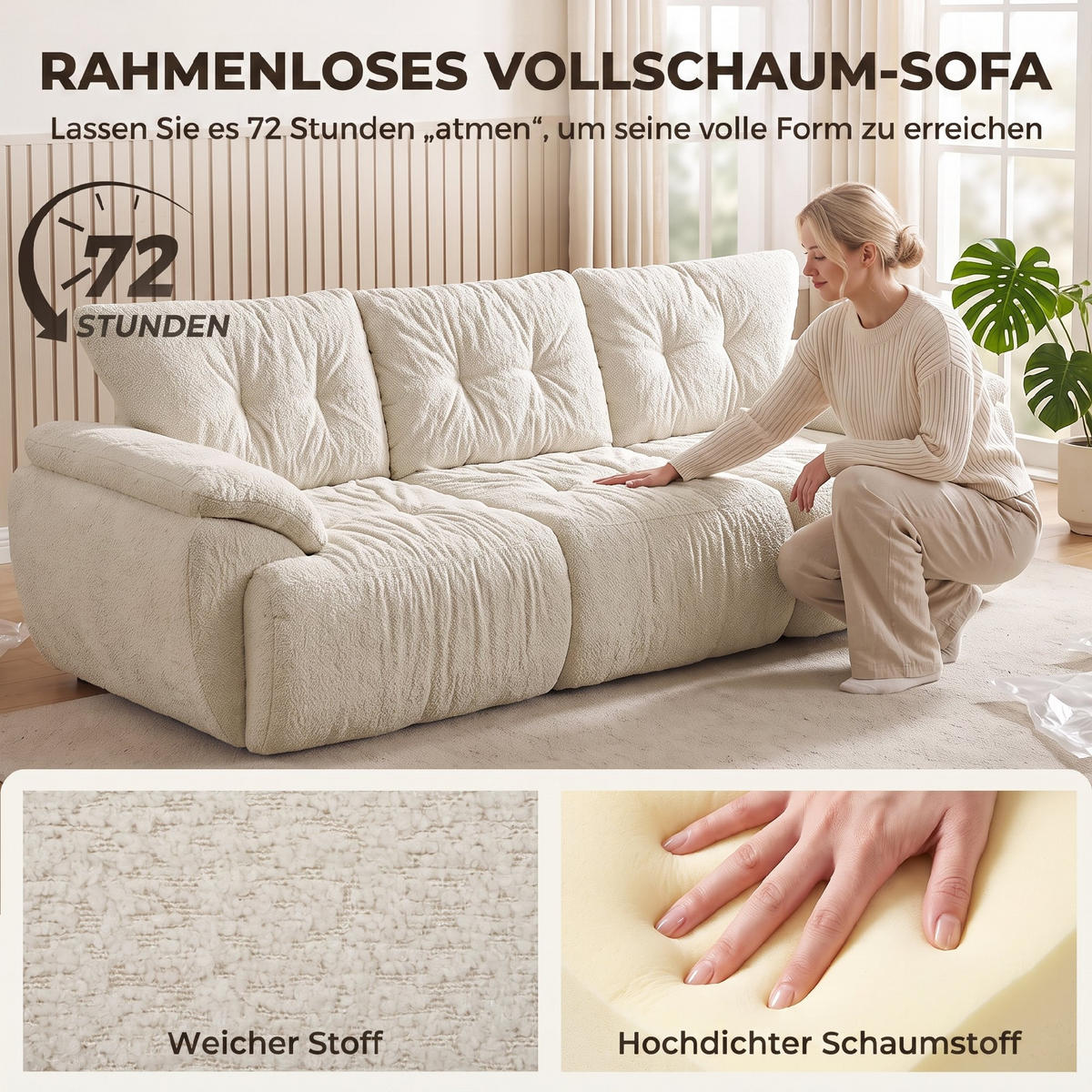 3-SITZER-SOFA Chenille 100 Polyester hochdichter Schaumstoff Cremeweiß - Creme, Textil (92/80/260cm) - HOMCOM