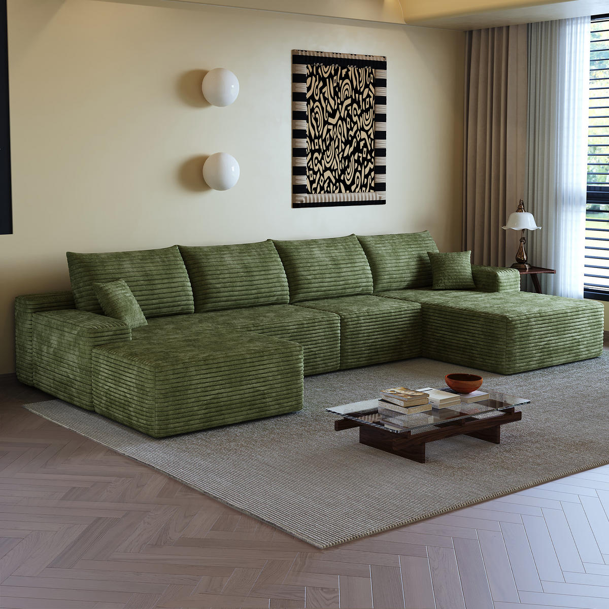WOHNLANDSCHAFT DE-34857 U-Form 3-Sitzer Chaiselongue rechts Grün - Grün, Textil (175/83/270cm) - ComfortXL