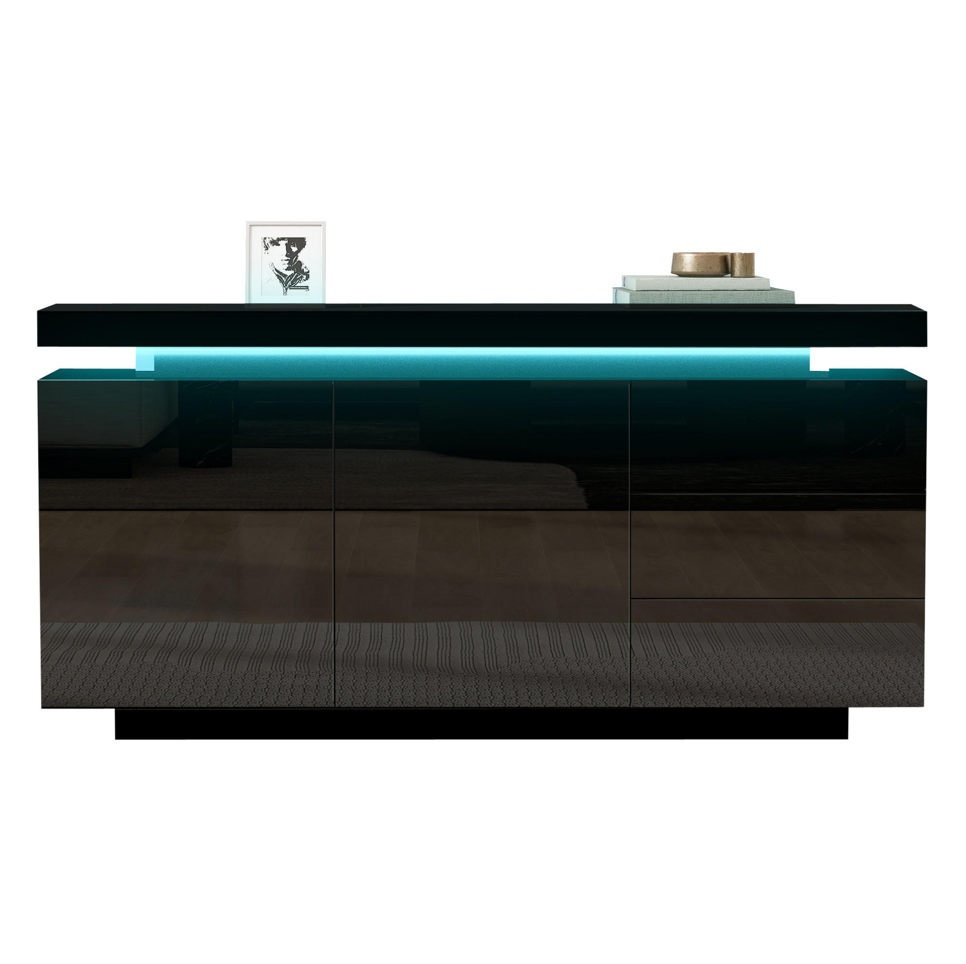 SIDEBOARD aus Spanplatte, Hochglanz-Fronten, mit RGB-LED und 3 Schubladen, 140/35/72,5 cm, Schwarz - Schwarz, Holzwerkstoff (38/72/140cm) - Redom