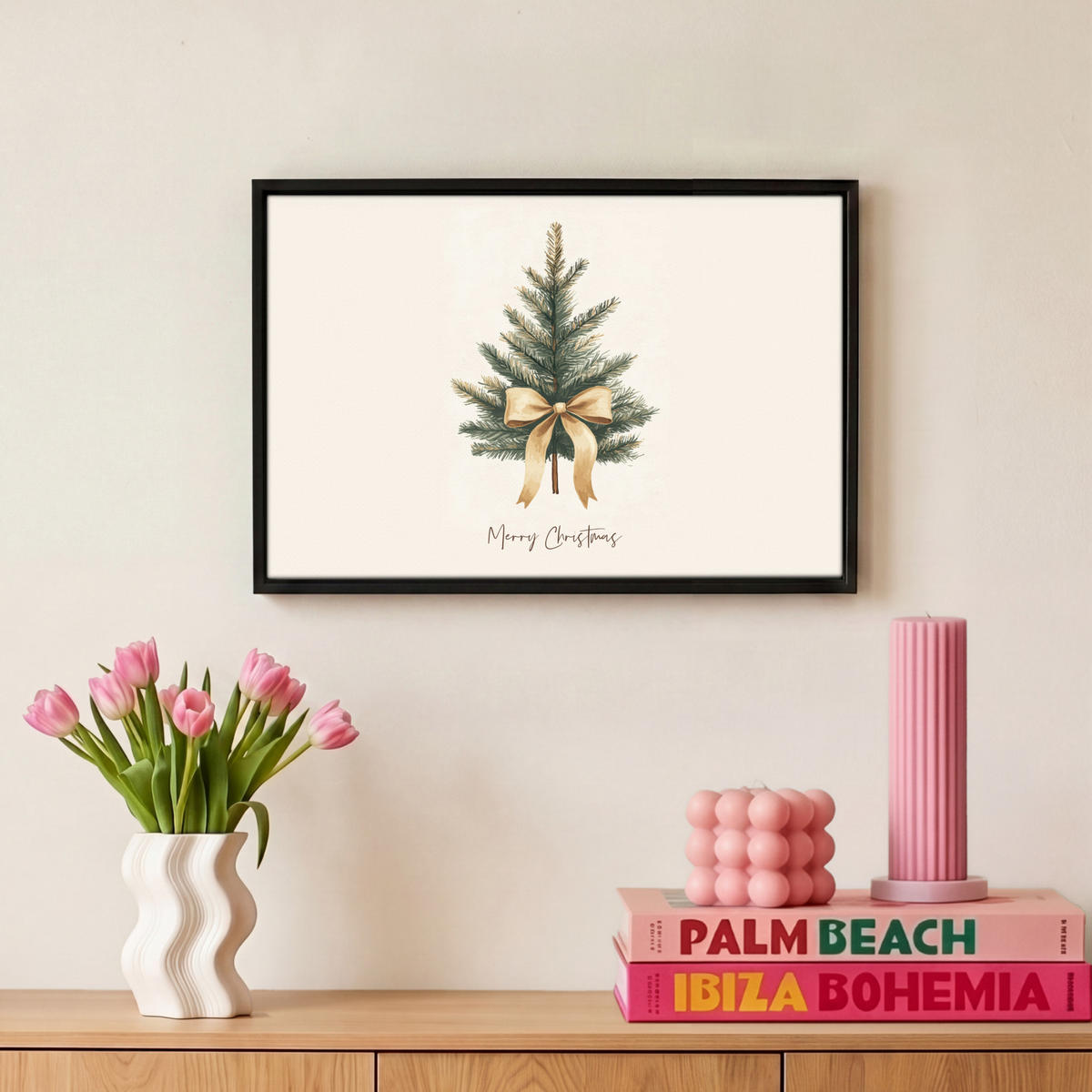 LEINWAND Bilder mit Rahmen - Weihnachtsbaum - Weihnachten - Frohe Weihnachten - Beige - 30x20 - Sandfarben, Textil (30/20cm) - MuchoWow