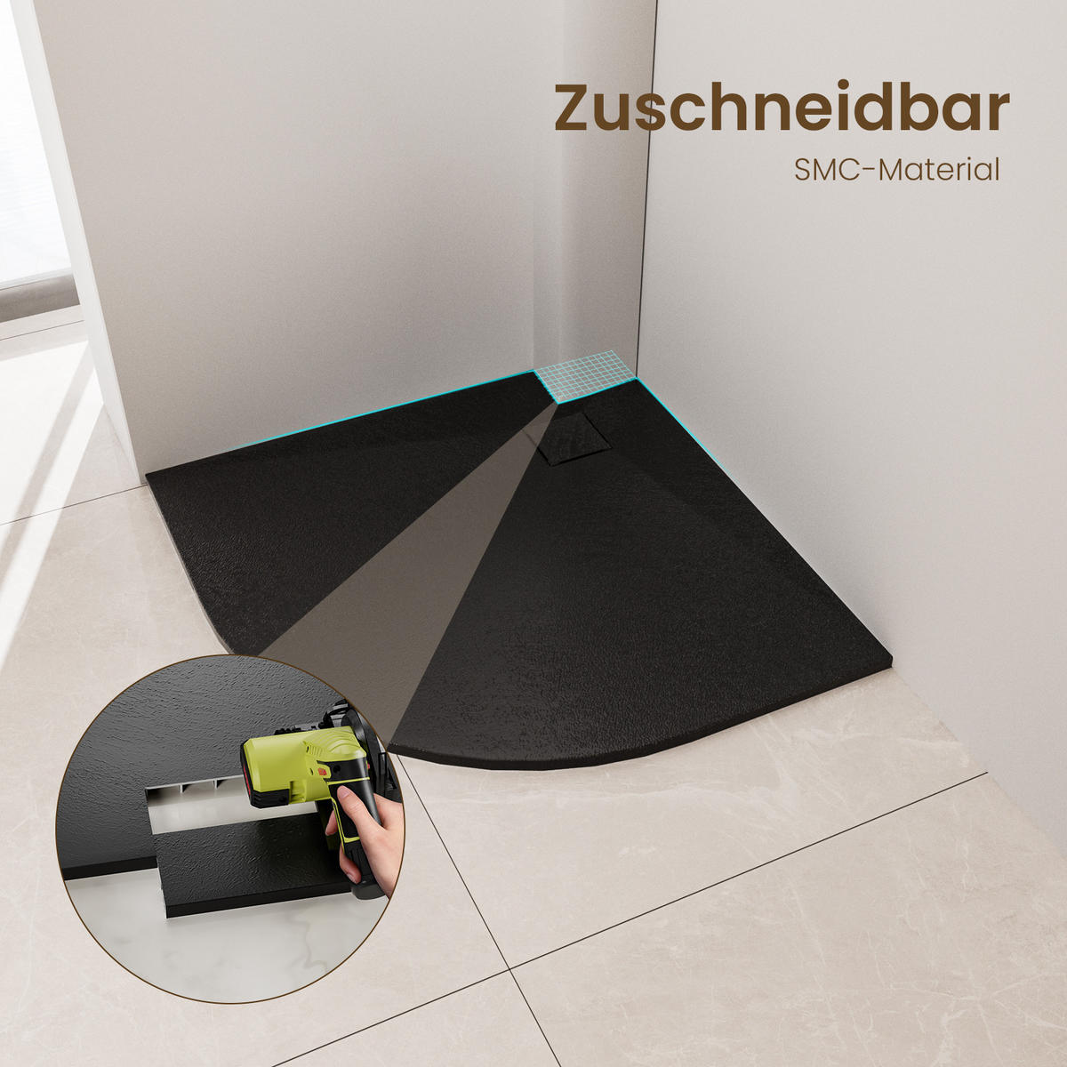 DUSCHTASSE Viertelkreis inkl. Ablaufgarnitur Schwarz 80/80 cm - Schwarz, Naturmaterialien (80/2.6/80cm) - EMKE