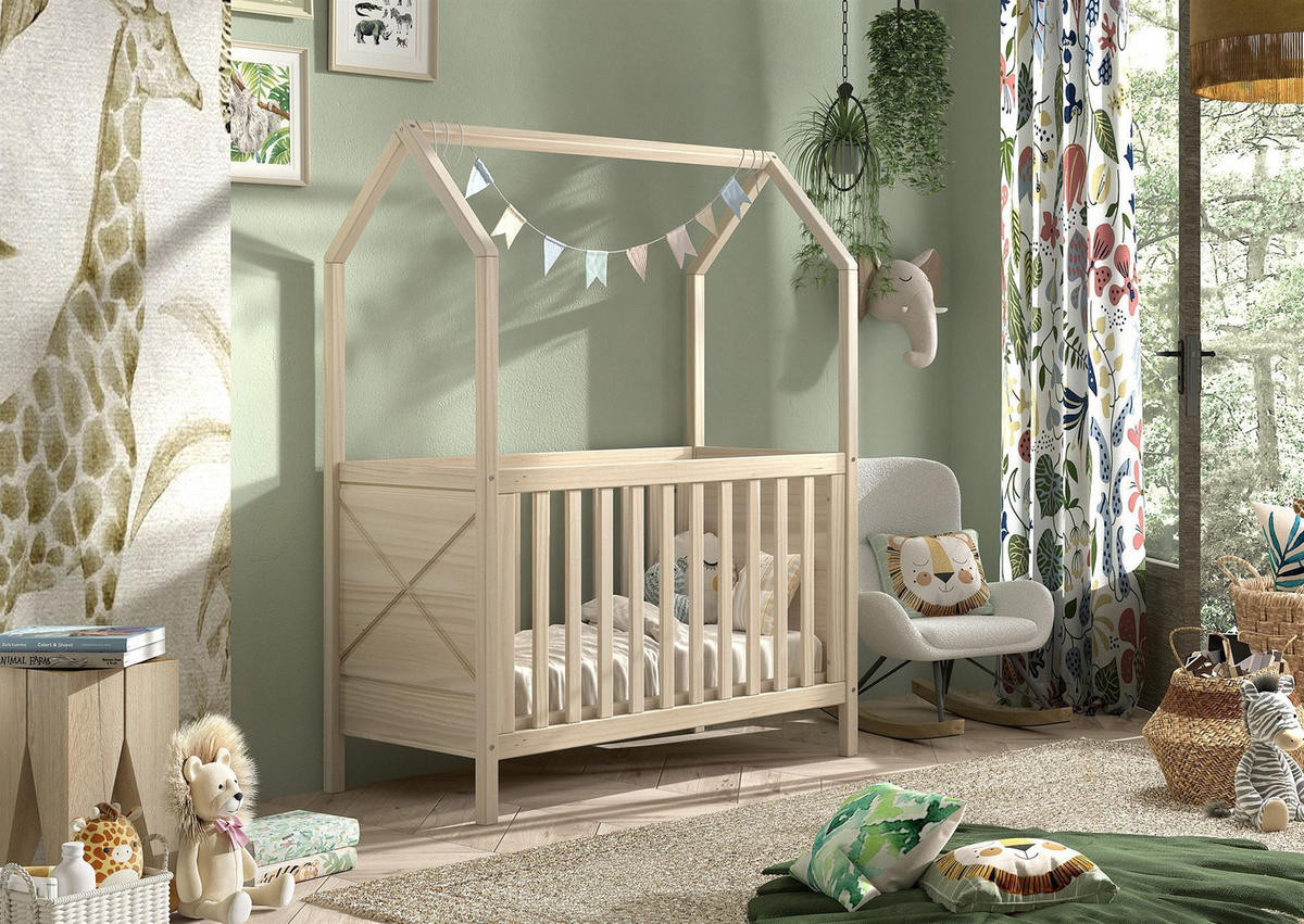 BABYBETT mit Dach Karyl 3-fach höhenverstellbar Kiefer massiv milky - Weiß, Holz (60/120cm) - 58aufmkessel