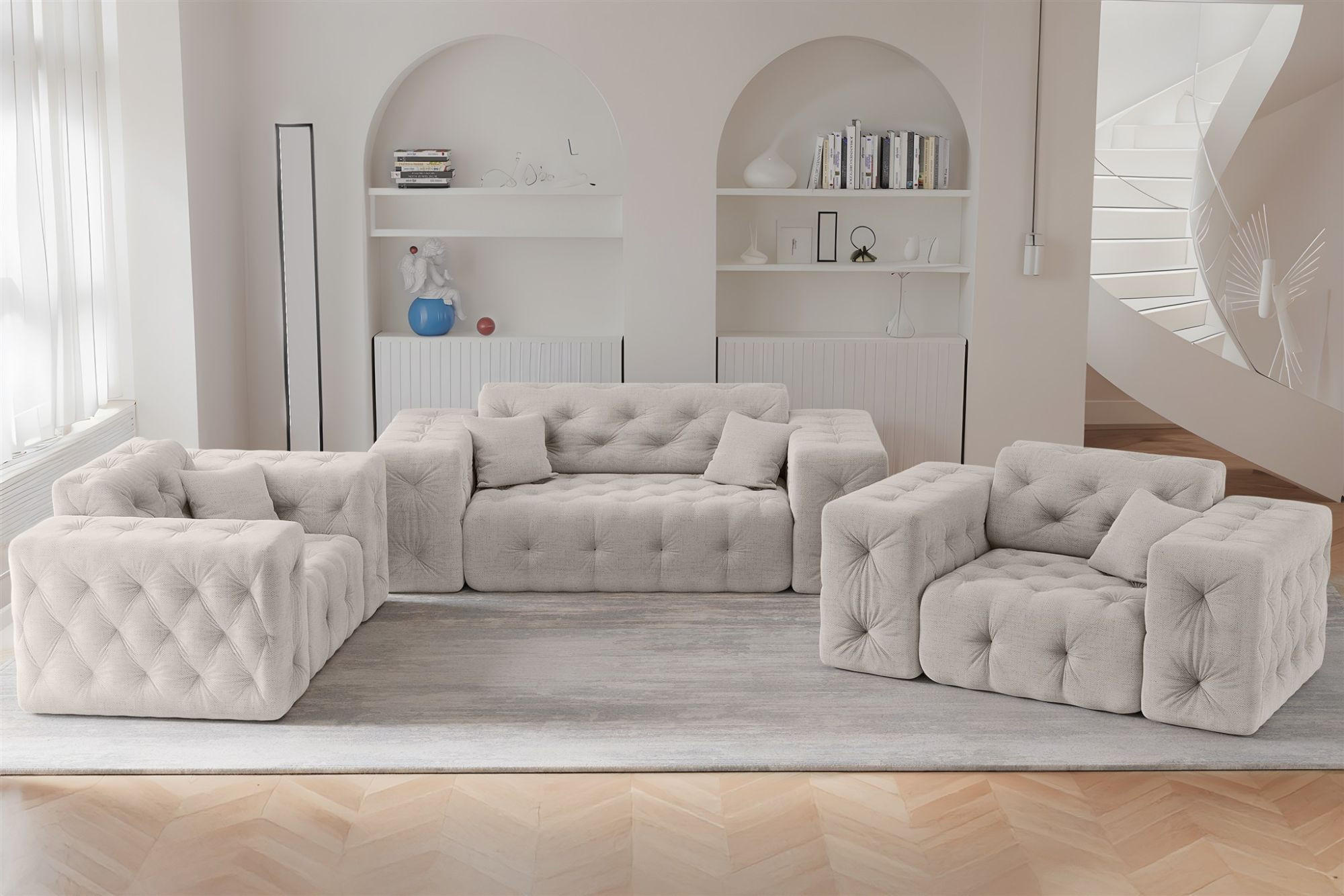 SOFASET Chantal In Moly - Creme, Holzwerkstoff/Textil (186/78/96cm) - Fun Möbel