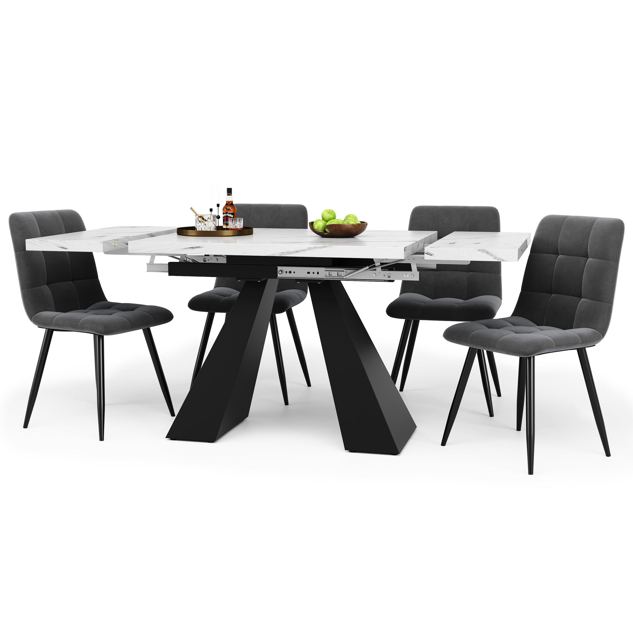 ESSTISCHSET 5-Teilig Ausziehbar Marmoroptik, 4 Graue Veloursstühle, Schwarz - Weiß, Metall (48.9/35.56/83.19cm) - FLIEKS