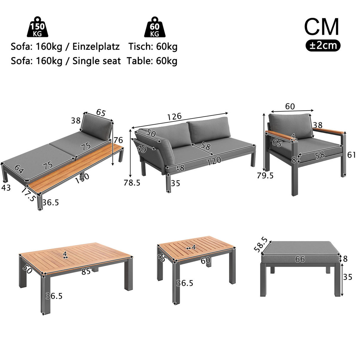 LOUNGEGARNITUR aus Akazienholz & Eisen Grau mit modularer Kombination - Grau, Metall - Modfu
