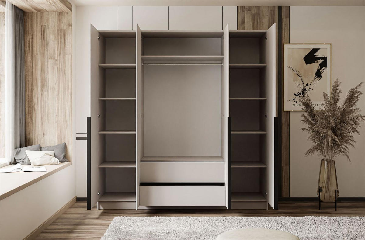 KLEIDERSCHRANK AUREL 4D in KASCHMIR mit schwarzen Griffen - Kaschmir/Schwarz, Holzwerkstoff (200/200/57cm) - Lookway