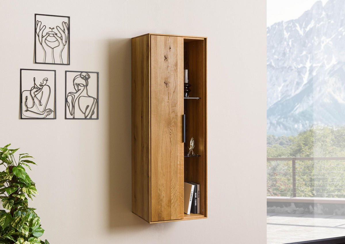HÄNGEVITRINE Wildeiche 46x38x132 natur geölt LINDAU #12 - Braun, Holz (46/132/38cm) - Massivmoebel24