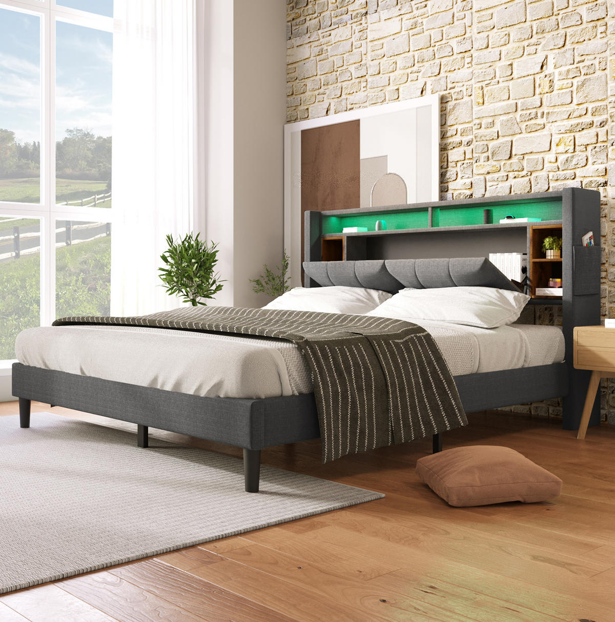 ČALOUNĚNÁ postel 160/200 cm masivní dřevo šedá, s úložným čelem, USB a LED - šedá, dřevo (160/200cm) - BEAOK