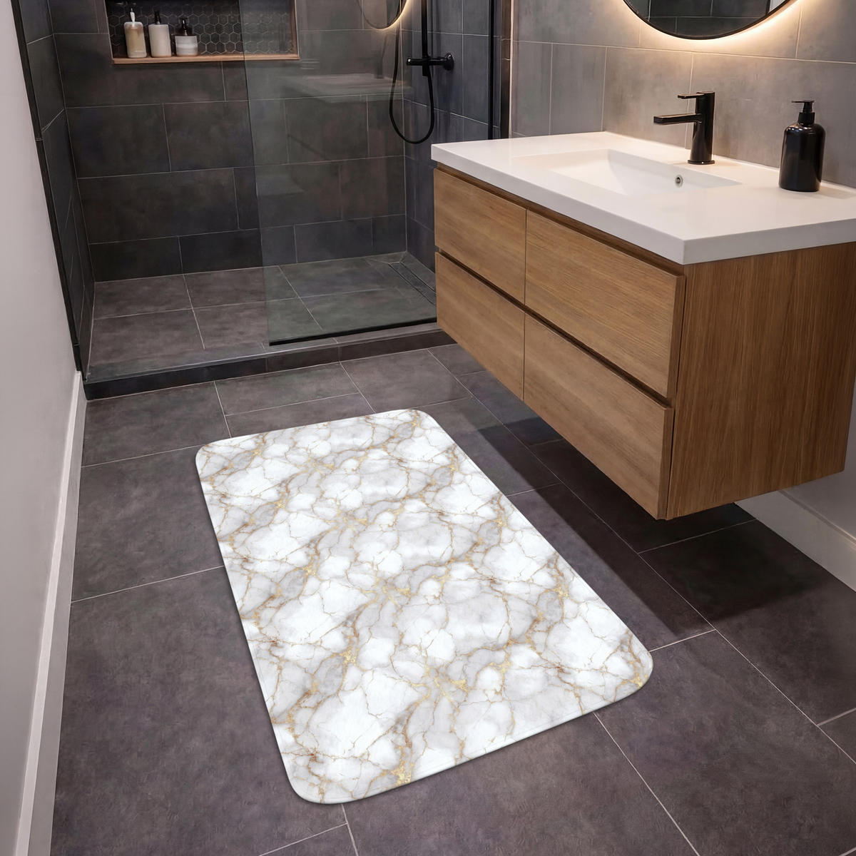 KÚPEĽŇOVÁ PREDLOŽKA Biela - zlatá - mramorová - sivá 60x90 cm - biela, textil/plast (60/90cm) - OnlyWow