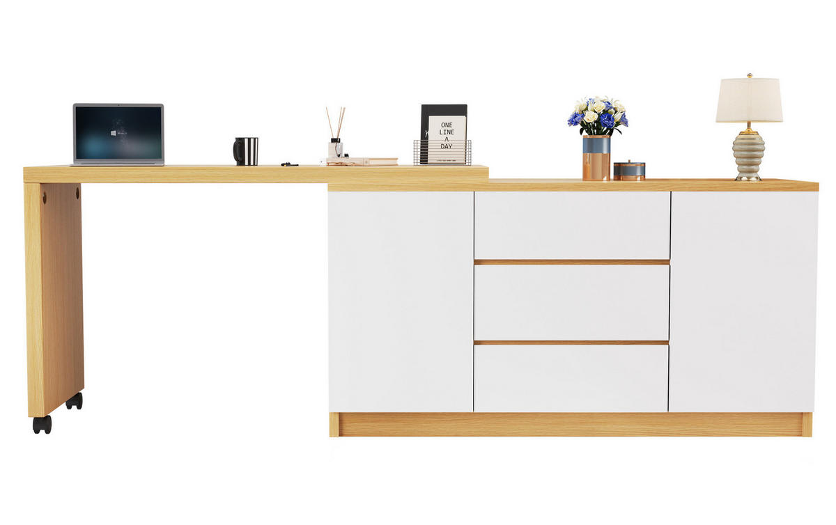 PSACÍ stůl z dřevotřísky 120x50x76,5 cm bílá/dub s otočnou deskou 360°, uzamykatelnými kolečky a úložným prostorem - bílá, kompozitní dřevo (120/76.5/50cm) - Modfu