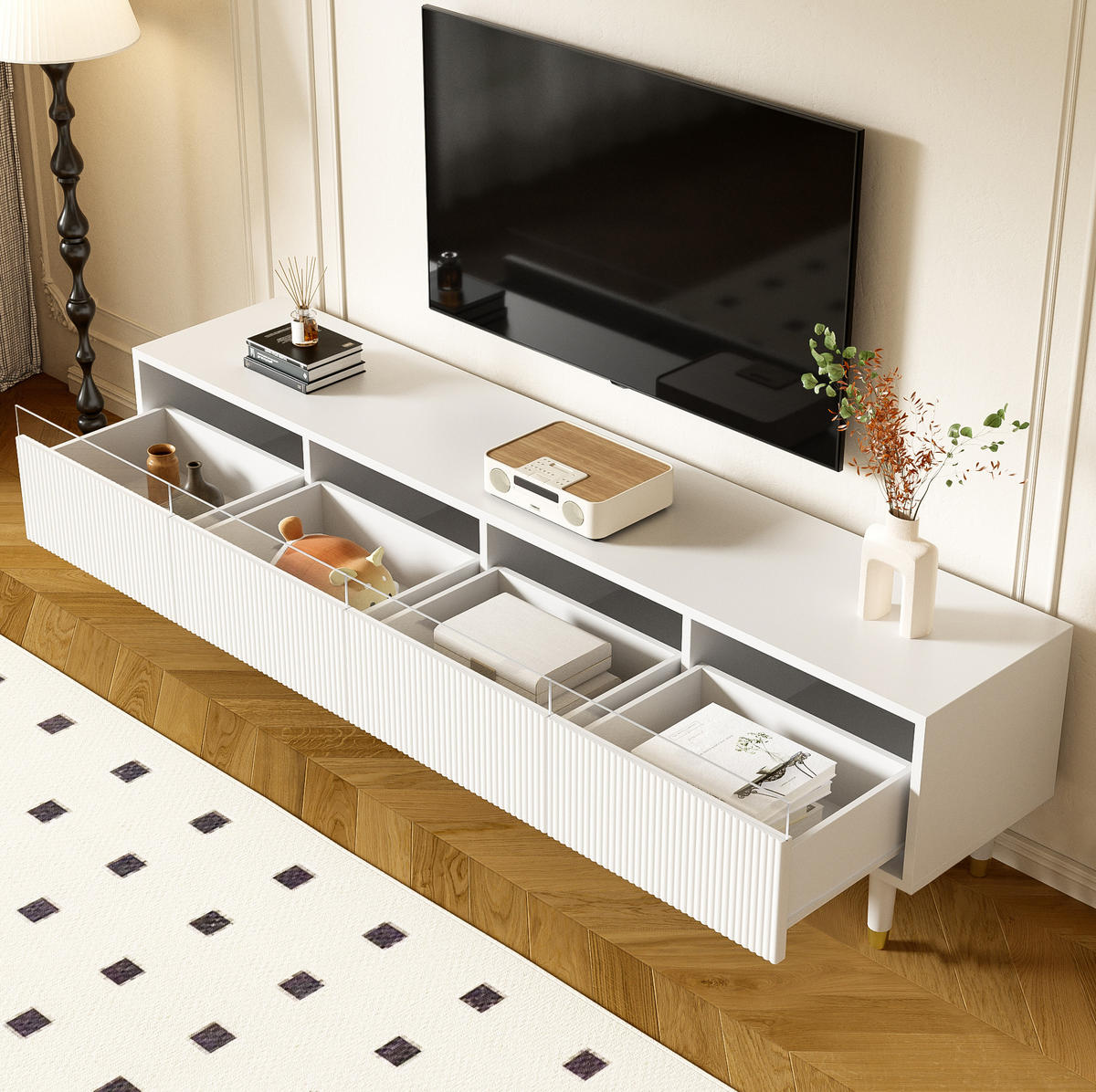 TV-SCHRANK mit 4 Schubladen 178 x 35 x 45 cm MDF Weiß - Weiß, Holzwerkstoff (35/45/178cm) - Beauniv