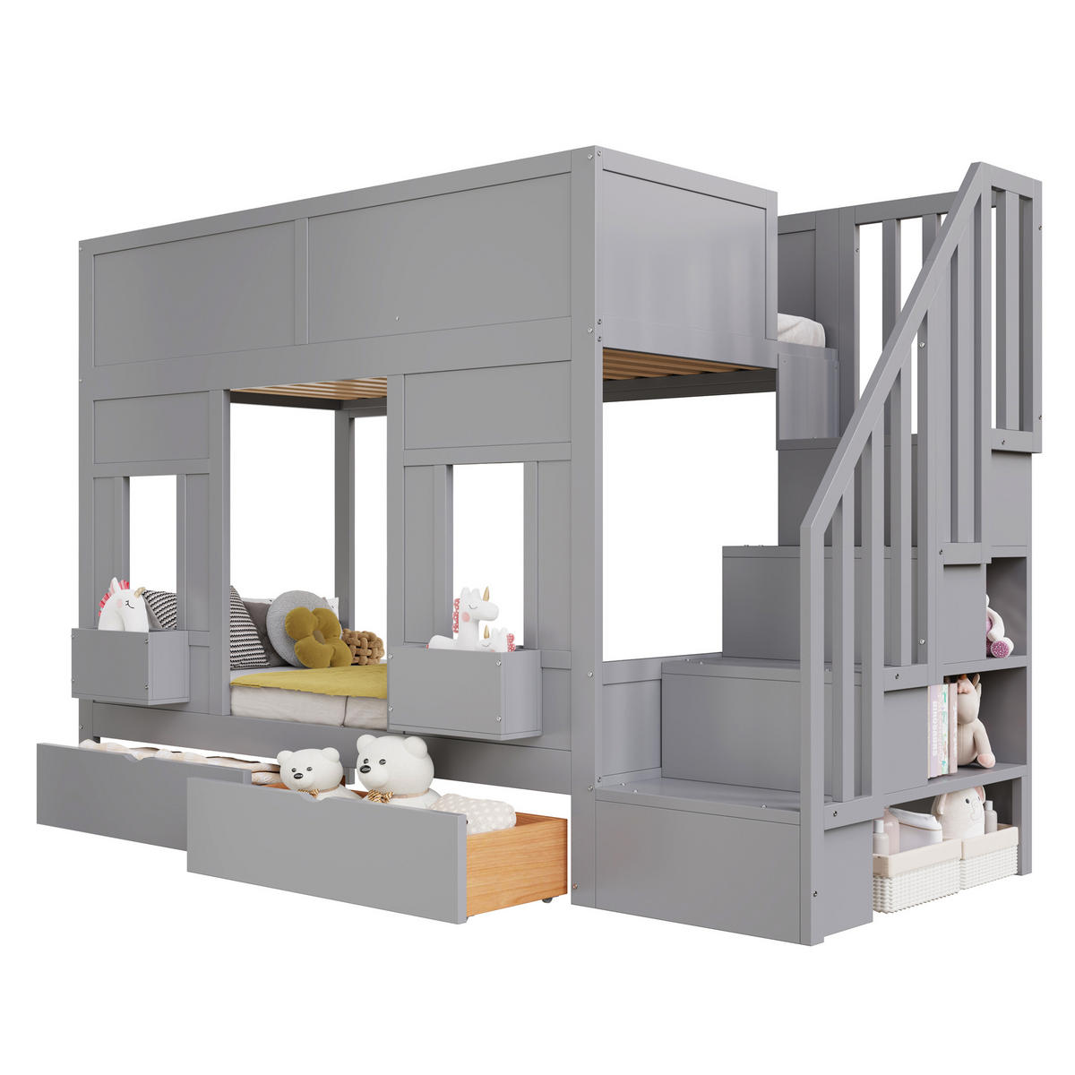 ETAGENBETT 90/200 cm DE-01539, in Grau, mit Stauraumtreppe, Schubladen und Fensterdesign - Grau, Holz (90/200cm) - ComfortXL