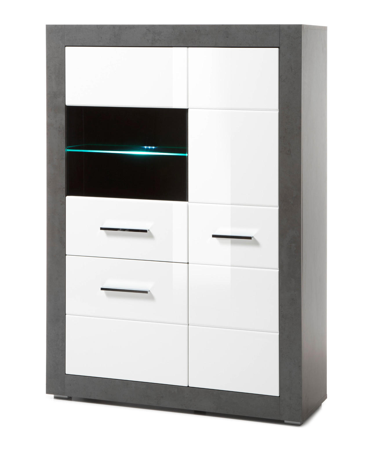 VITRINE weiß Hochglanz, grau Stone 100 cm, Vitrinenschrank 3-türig - Chromfarben/Weiß Hochglanz, Glas/Holzwerkstoff (100/142/35cm) - Furn.Design