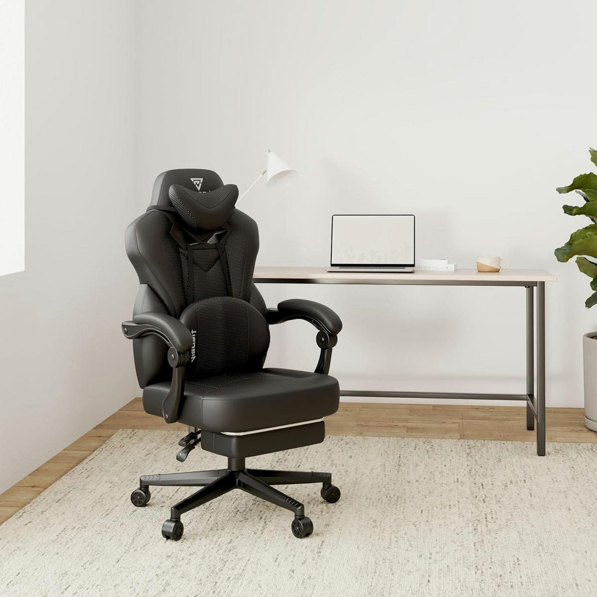 GAMING Stuhl PRO mit Fußstütze und Nackenkissen Schwarz - Schwarz, Kunststoff (54/109/45cm)