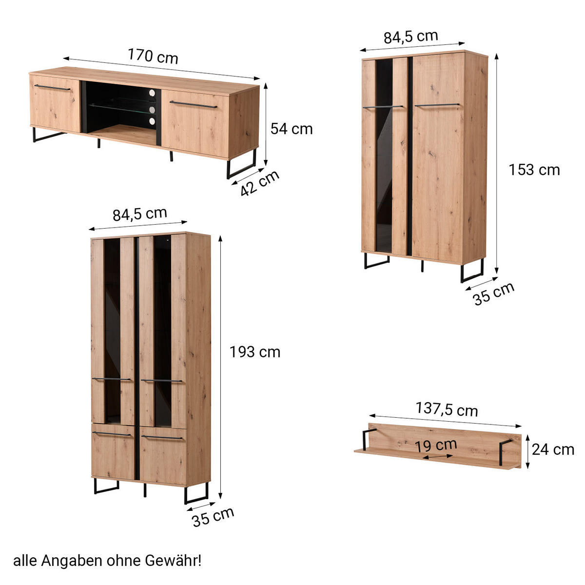 WOHNWAND 339/193/42 cm in Eiche Schwarz - Braun, Holz (339/193/42cm) - Homestyle4u