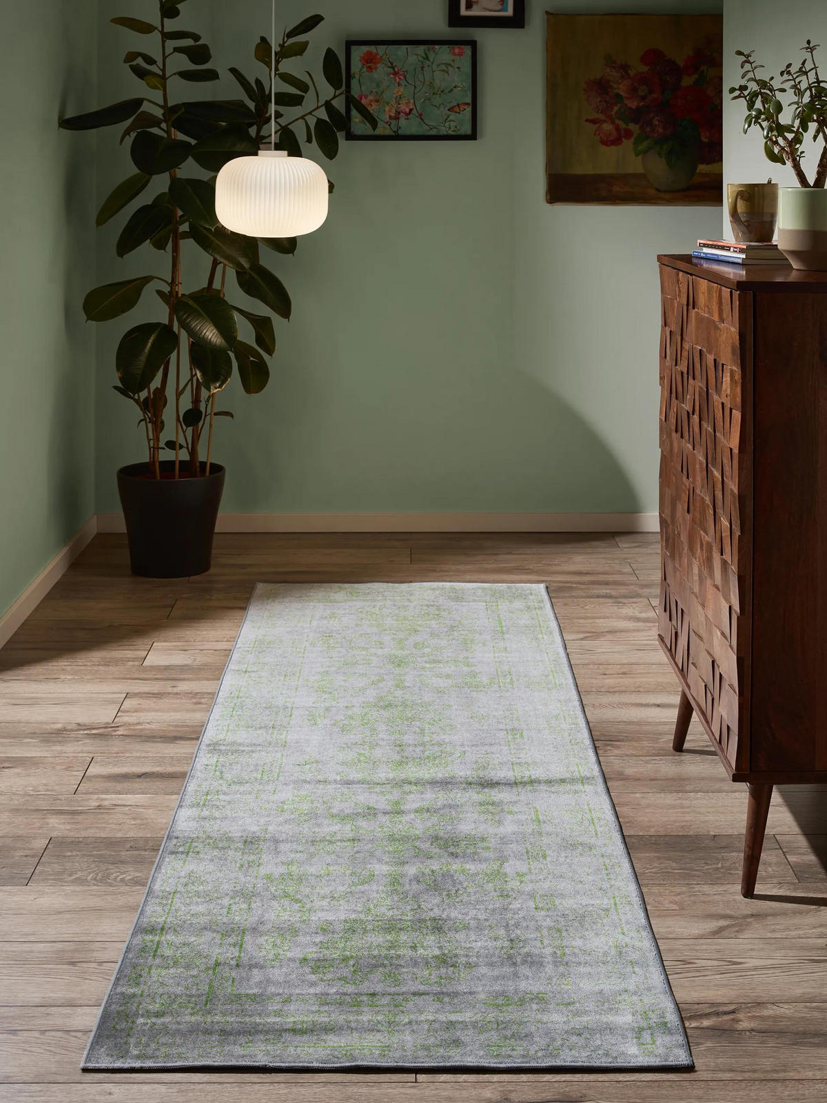 VINTAGE-LÄUFER Miray waschbar 80/240 cm - Grau/Grün, Kunststoff (80/240cm) - benuta Nest