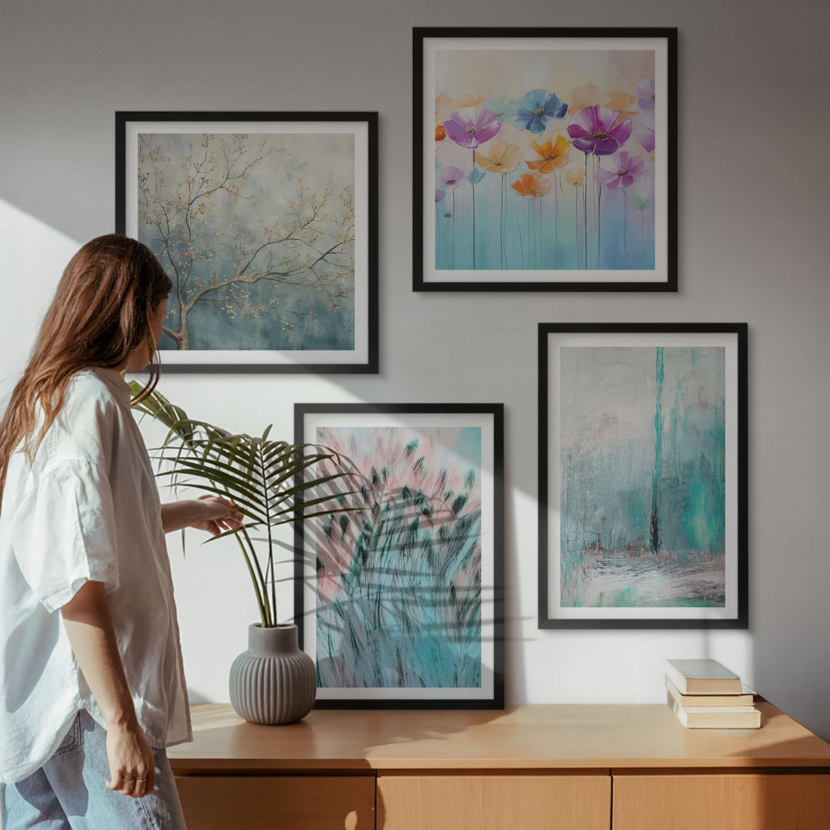 BILDER SET 4er Set - 50x50 cm & 40x60 cm Schwarzer Rahmen - Hintergrundmuster mit Pastellblumen - Schwarz, Kunststoff (50/50cm) - TULUP